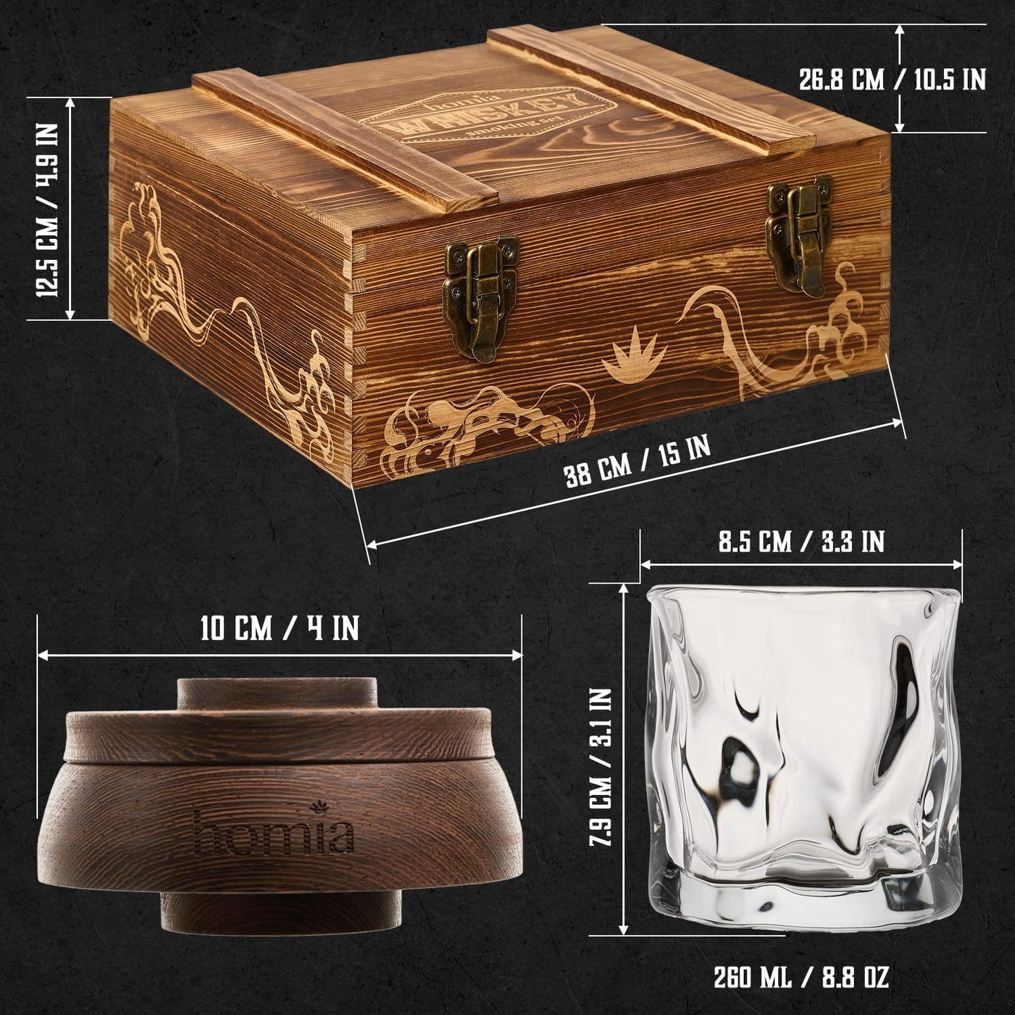 Whiskey Gift Set 13 pcs Wooden Smoker Old Fashioned Glasses 2 pcs