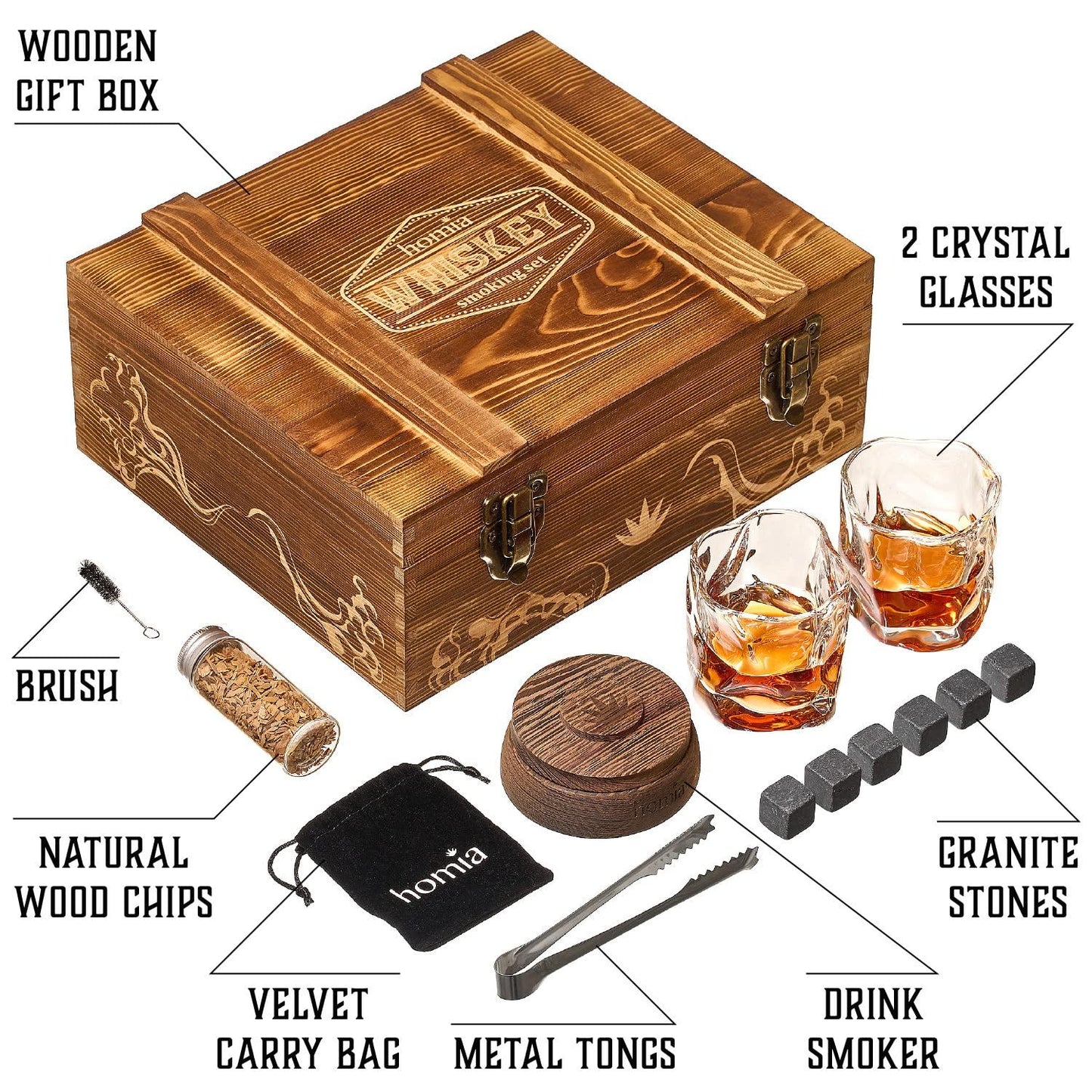 Whiskey Gift Set 13 pcs Wooden Smoker Old Fashioned Glasses 2 pcs