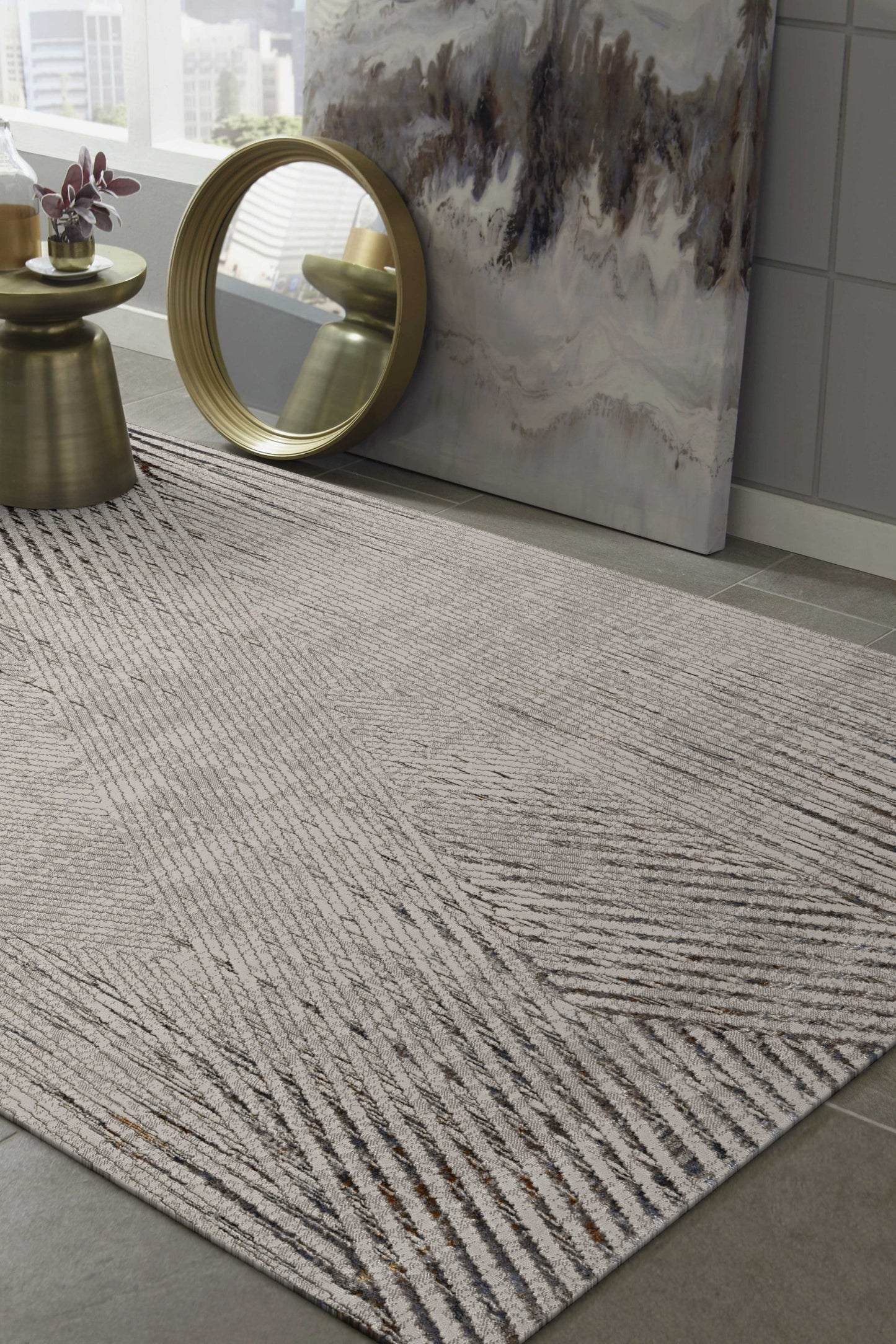 6inches x 9inches Ivory or Grey Faded Geometric Lines Indoor Area Rug