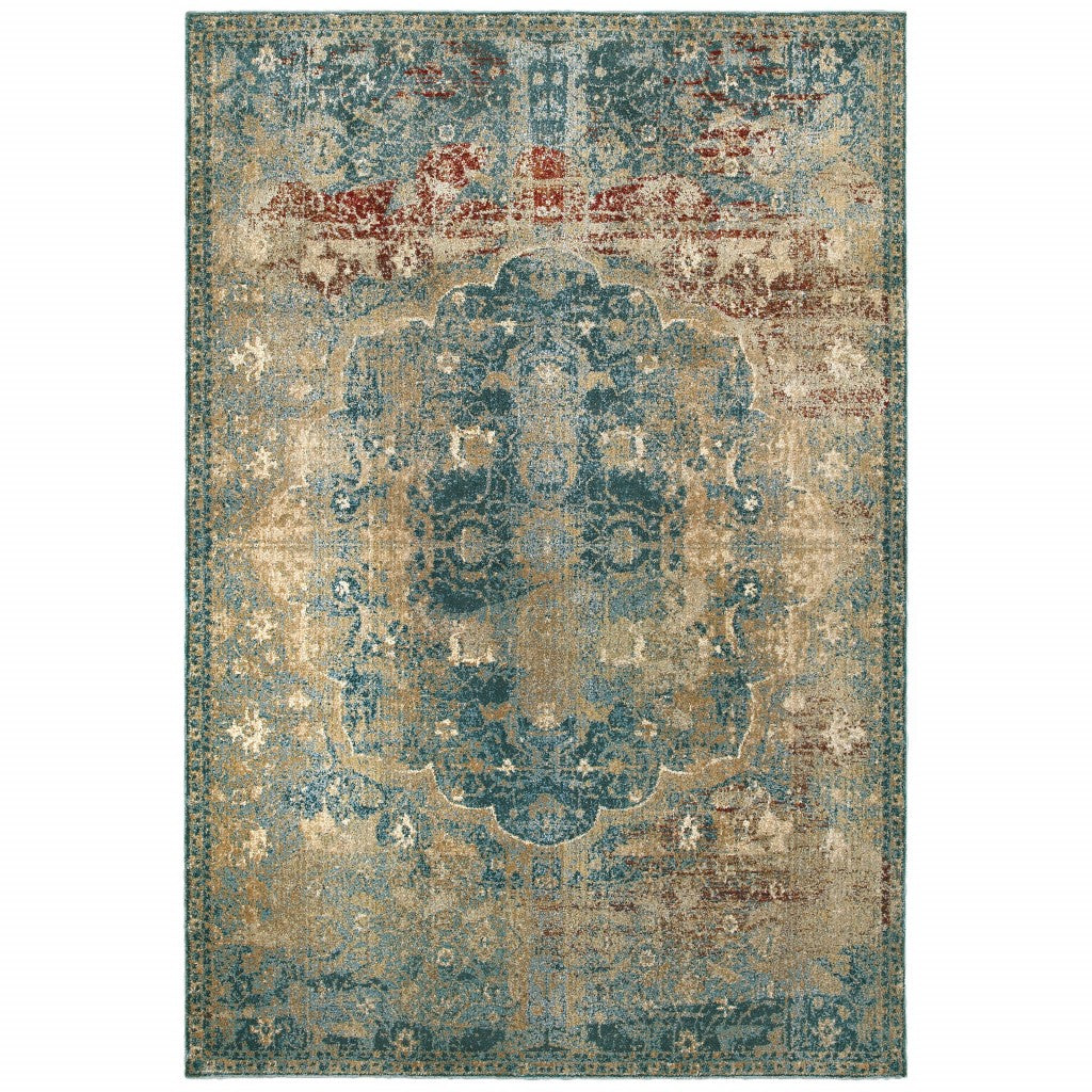 8inches x 11inches Sand and Blue Distressed Indoor Area Rug