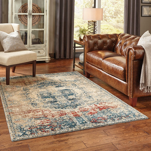 8inches x 11inches Sand and Blue Distressed Indoor Area Rug
