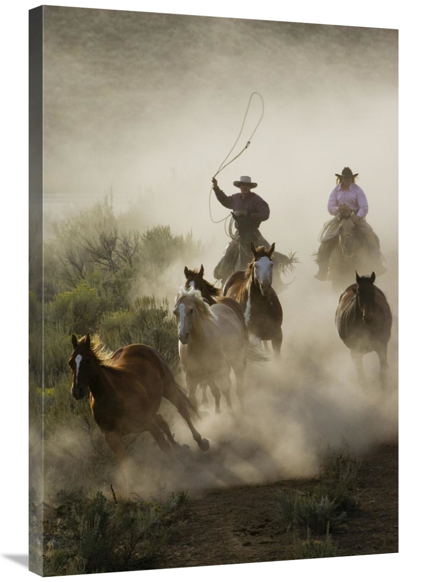 24 x 36 in. Horses Herded by Cowboy & Cowgirl, Oregon Art Print -