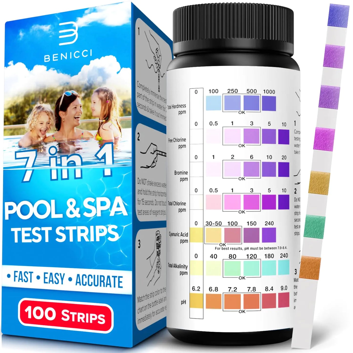 7 in 1 Pool and Spa Test Strips Kit 100 Accurate Test Strips for Spa, Swimming Pool and Hot Tubs - Fantastic for Homes or Commercial Use - PH Water