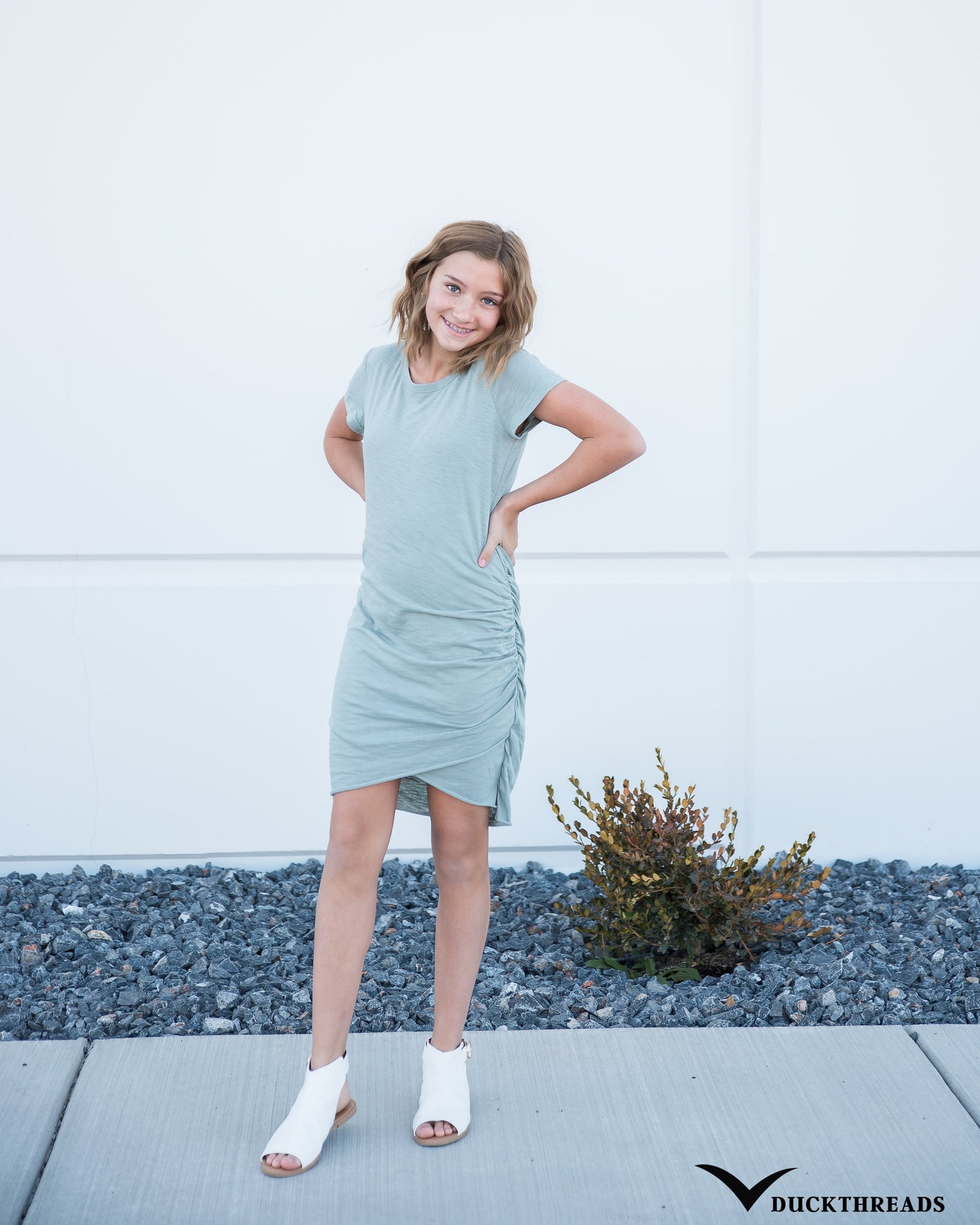 Woman's Casual Tee Shirt Dress with Tulip Hemline in Steel Blue