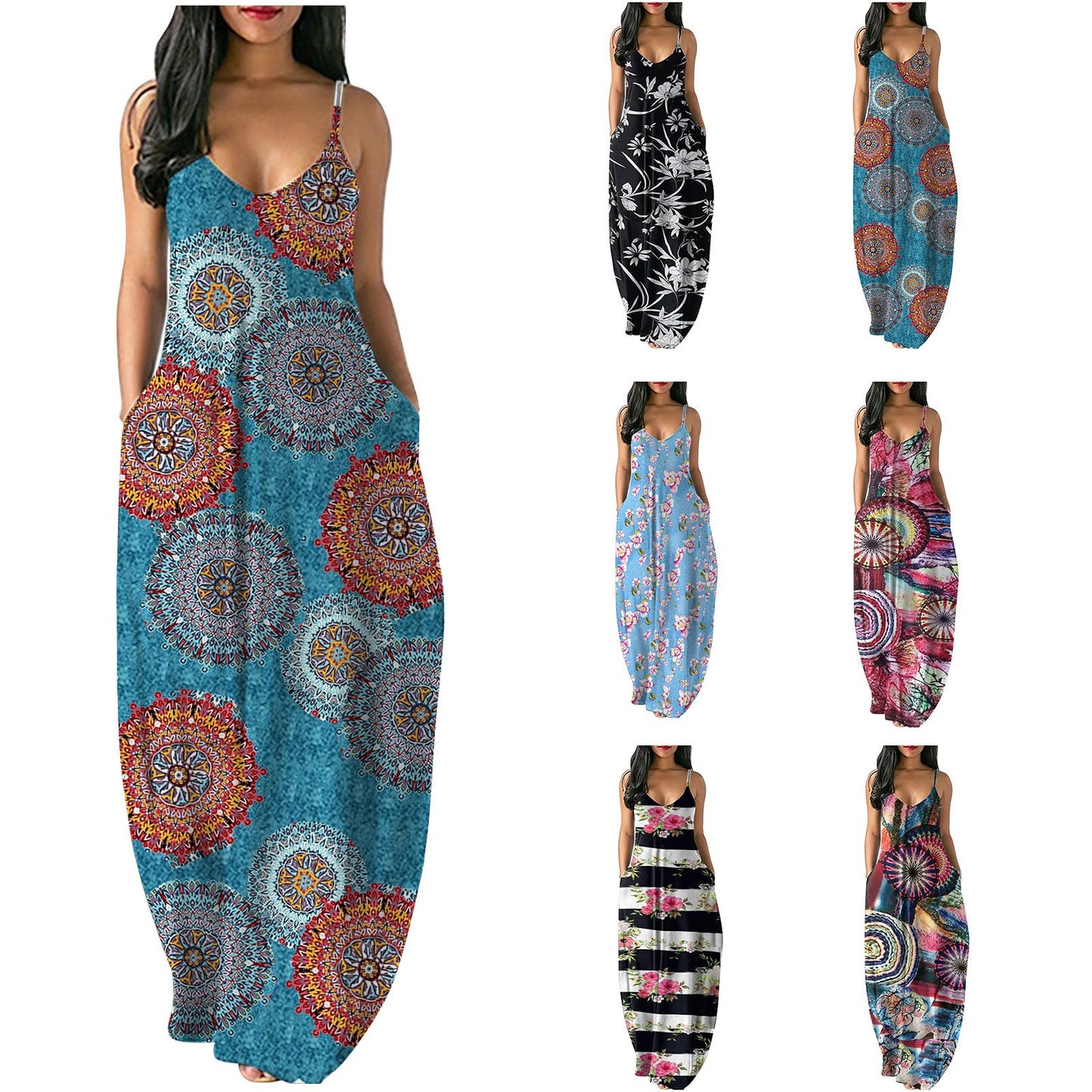 2021 plus Size Women Fancy Printed Sexy Deep V Strap Maxi Dress