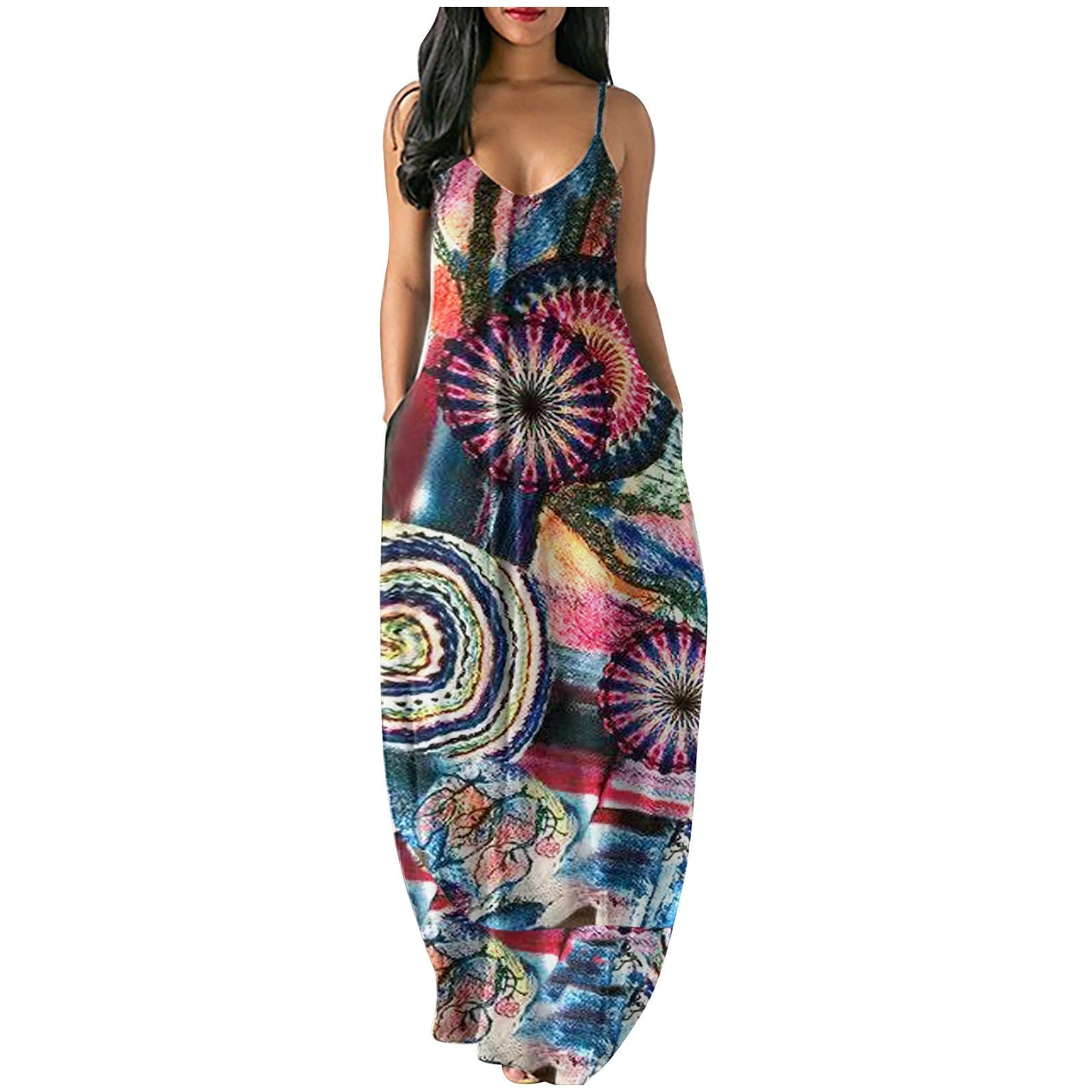 2021 plus Size Women Fancy Printed Sexy Deep V Strap Maxi Dress