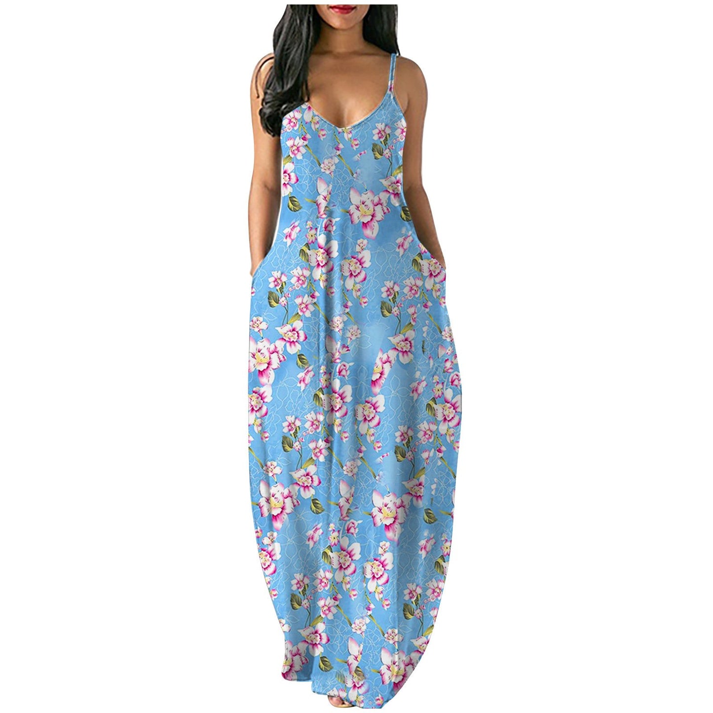 2021 plus Size Women Fancy Printed Sexy Deep V Strap Maxi Dress