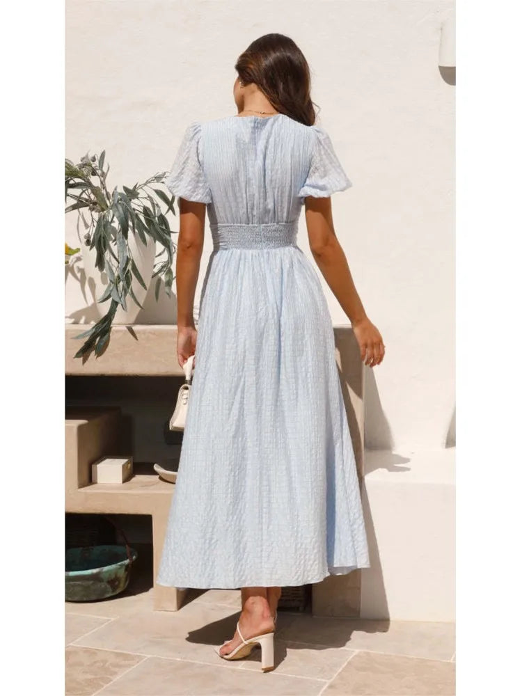 Summer New Fashion Dress Women's Solid V Neck Puff Sleeve Button Office Party Dresses Casual Elegnat Female Clubwear Vestidos