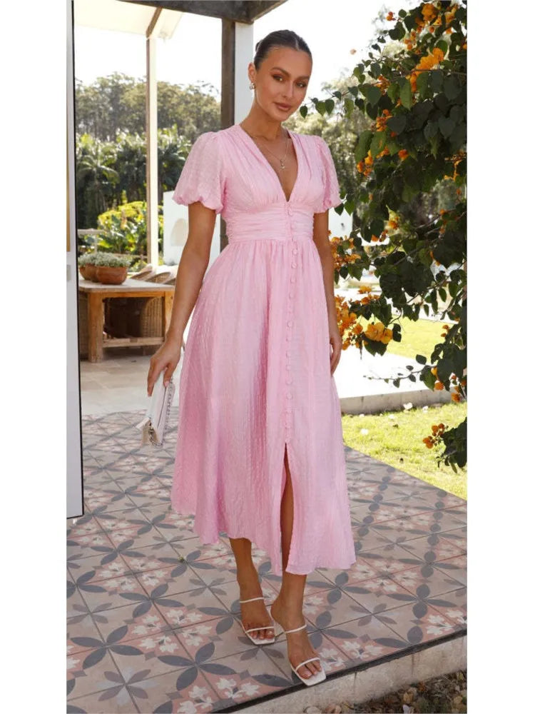 Summer New Fashion Dress Women's Solid V Neck Puff Sleeve Button Office Party Dresses Casual Elegnat Female Clubwear Vestidos