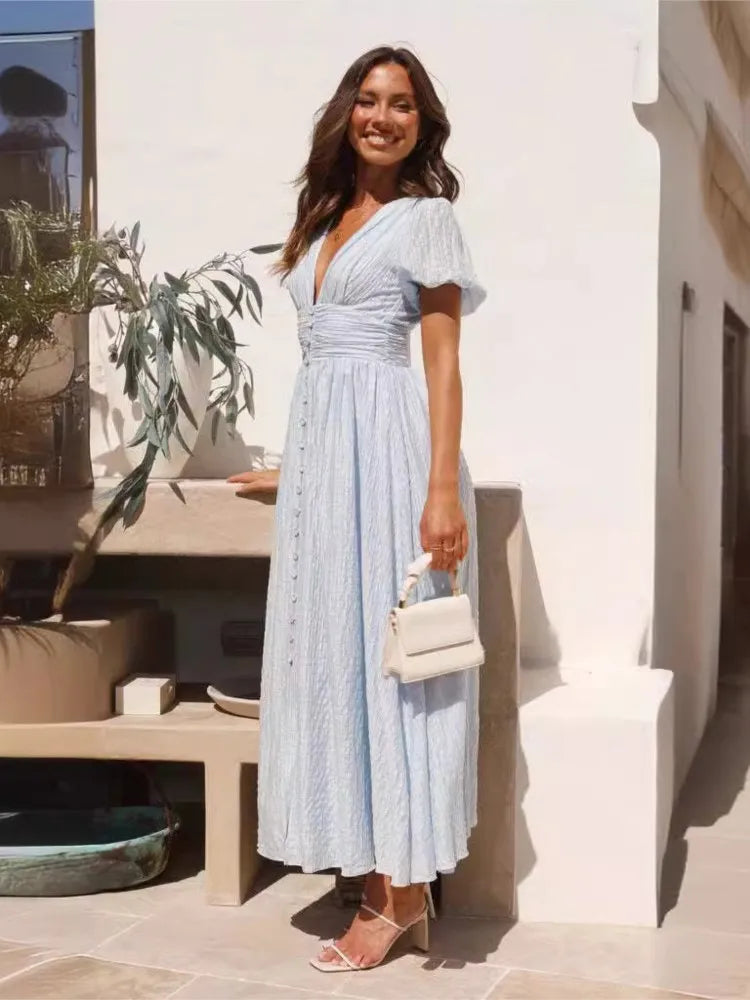 Summer New Fashion Dress Women's Solid V Neck Puff Sleeve Button Office Party Dresses Casual Elegnat Female Clubwear Vestidos