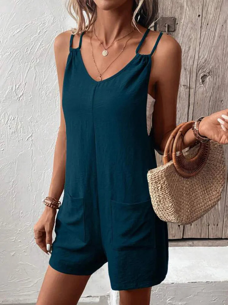 Women's Casual Summer Soild Green Color Short Rompers Overalls 2024 Loose Sleeveless Double Sling Strap Jumpsuits with Pockets