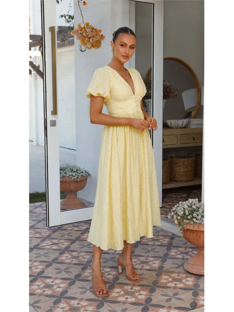 Summer New Fashion Dress Women's Solid V Neck Puff Sleeve Button Office Party Dresses Casual Elegnat Female Clubwear Vestidos
