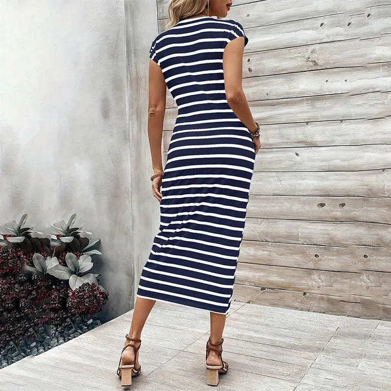 Women's Dress, Elegant Dress, Striped Round Neck Short-sleeved Long Dress, Summer Women's High-end Women's Dress