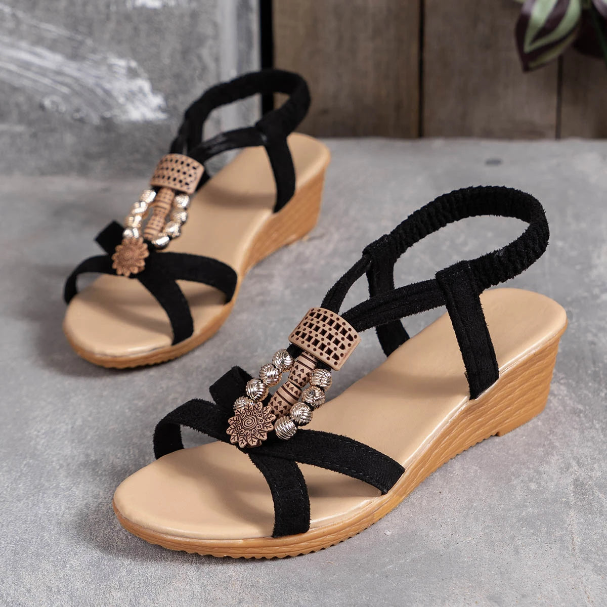Women Sandals Solid Color Wedge Sandals New Ankle Buckle Non Slip
