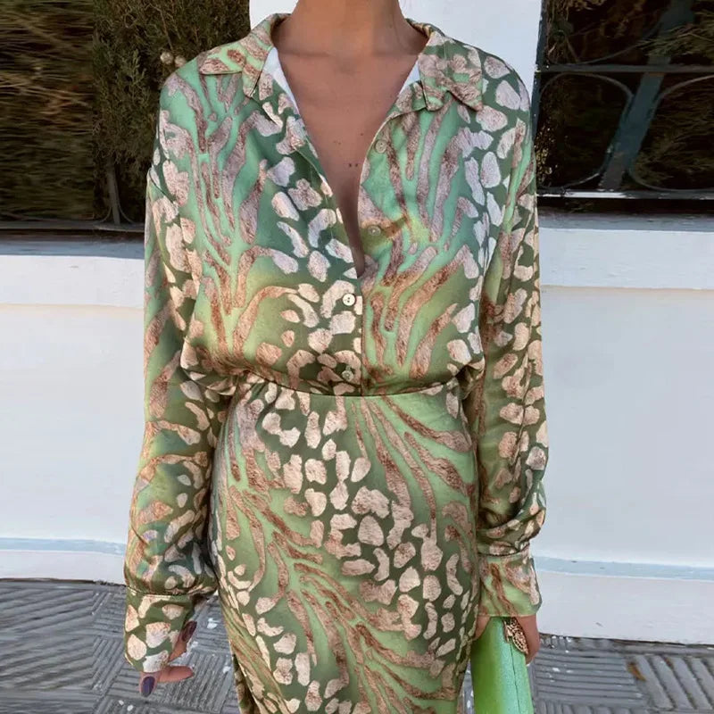 2024 Spring Summer Women Print 2 Piece Sets Outfit Casual Loose Plus Size S-3XL Long Sleeve Shirts Skirt Suit Outfit Streetwear