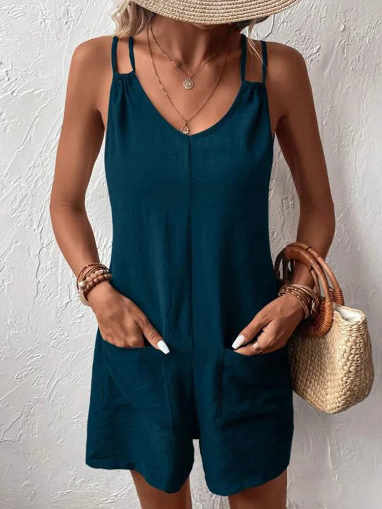 Women's Casual Summer Soild Green Color Short Rompers Overalls 2024 Loose Sleeveless Double Sling Strap Jumpsuits with Pockets