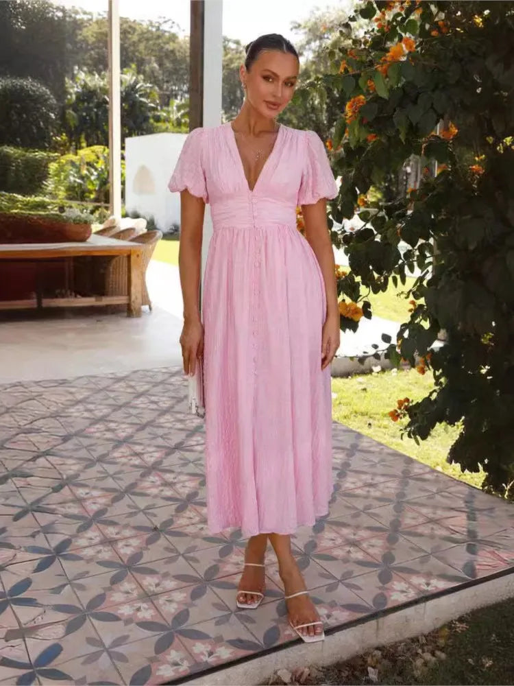 Summer New Fashion Dress Women's Solid V Neck Puff Sleeve Button Office Party Dresses Casual Elegnat Female Clubwear Vestidos