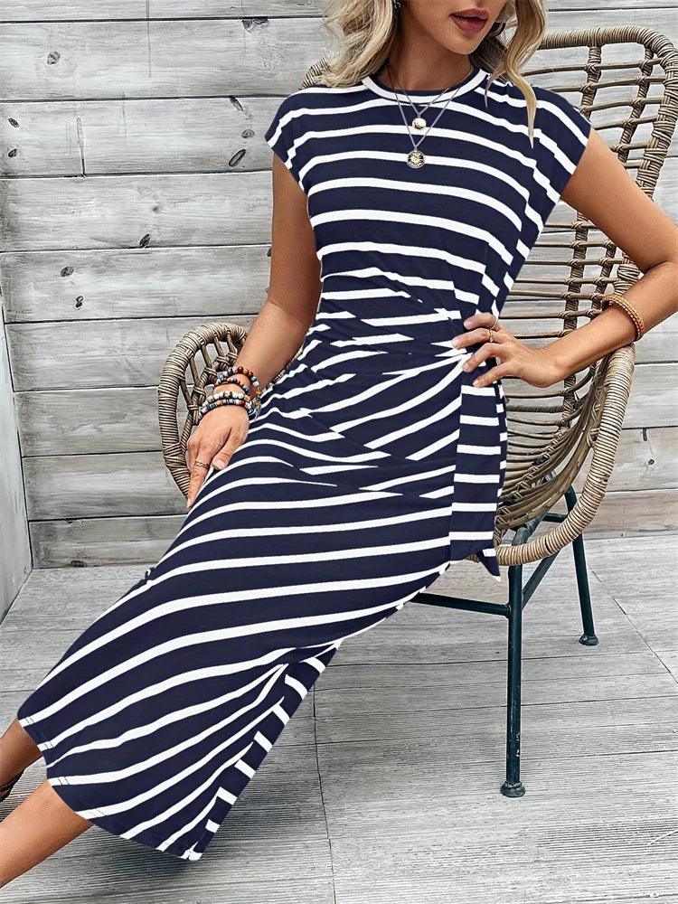 Women's Dress, Elegant Dress, Striped Round Neck Short-sleeved Long Dress, Summer Women's High-end Women's Dress