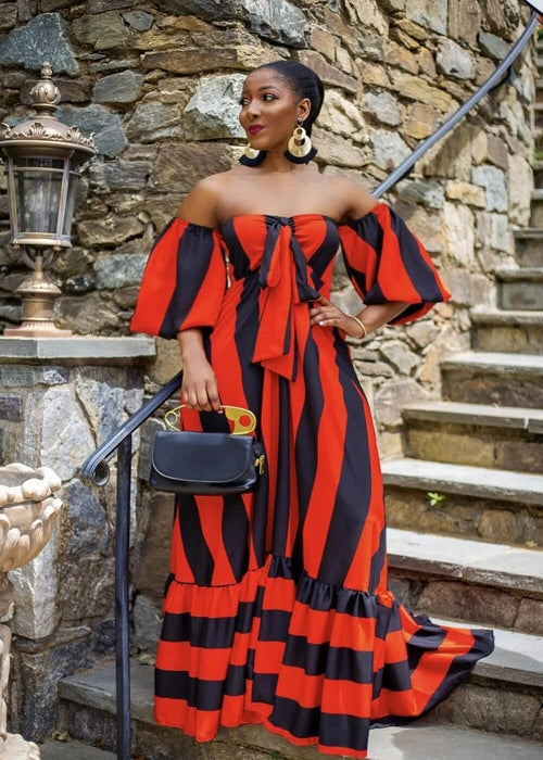 Striped Lantern Sleeve Strapless Maxi Dress