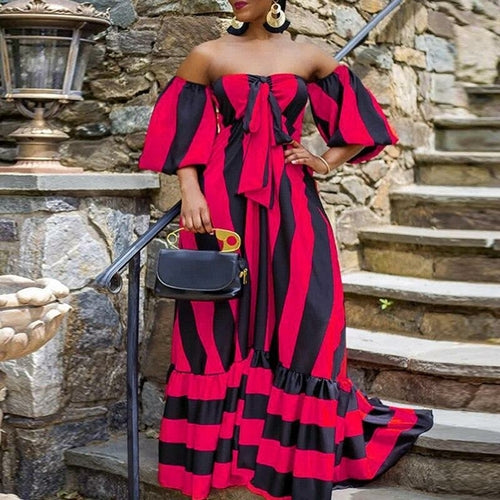 Striped Lantern Sleeve Strapless Maxi Dress