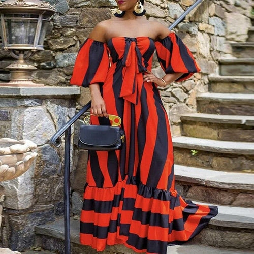 Striped Lantern Sleeve Strapless Maxi Dress
