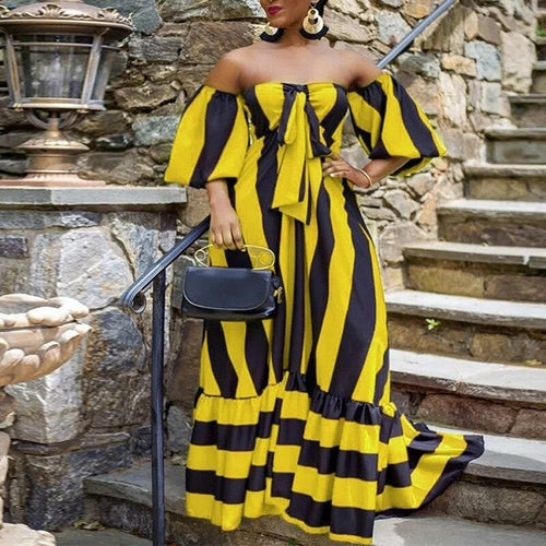 Striped Lantern Sleeve Strapless Maxi Dress