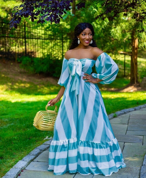 Striped Lantern Sleeve Strapless Maxi Dress