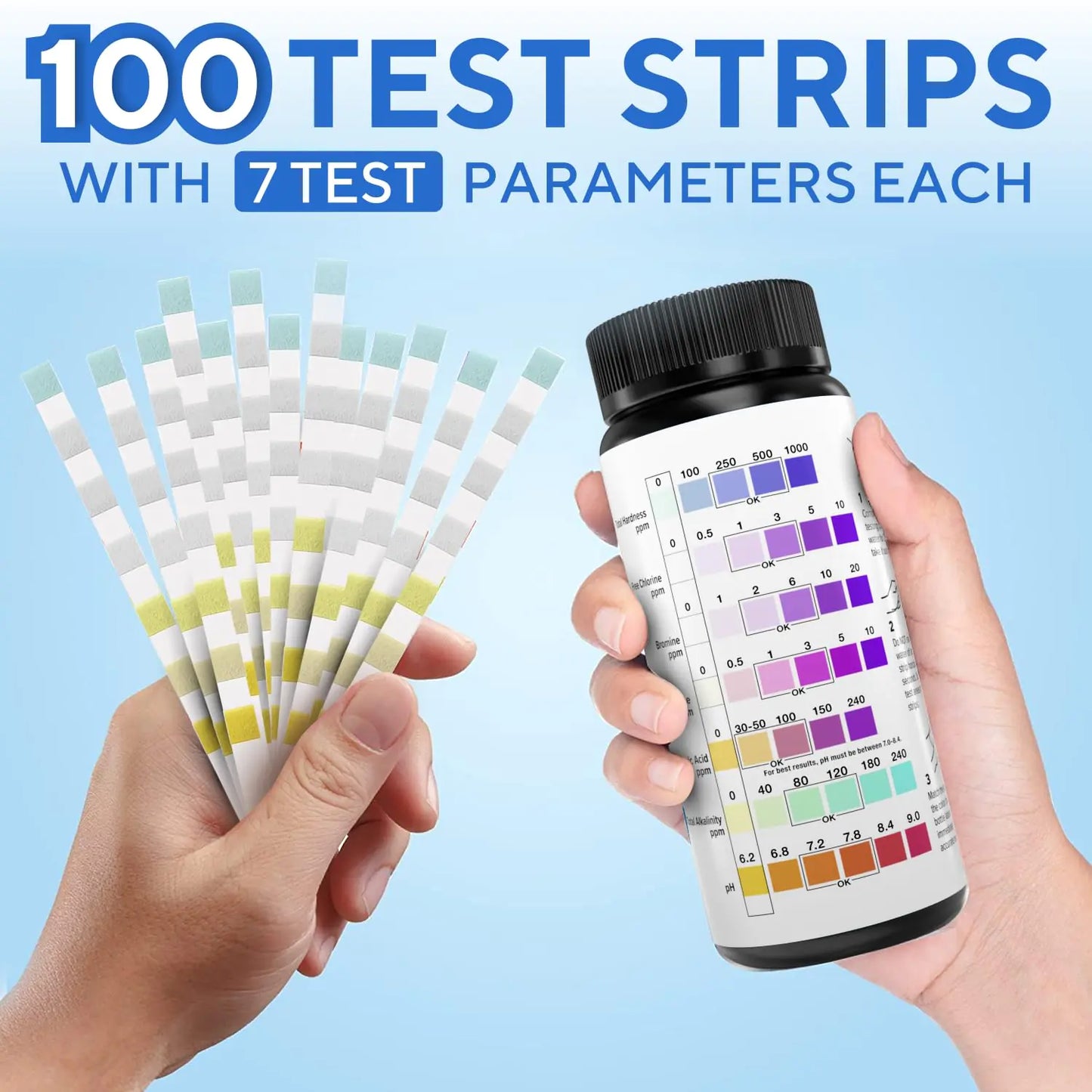 7 in 1 Pool and Spa Test Strips Kit 100 Accurate Test Strips for Spa, Swimming Pool and Hot Tubs - Fantastic for Homes or Commercial Use - PH Water