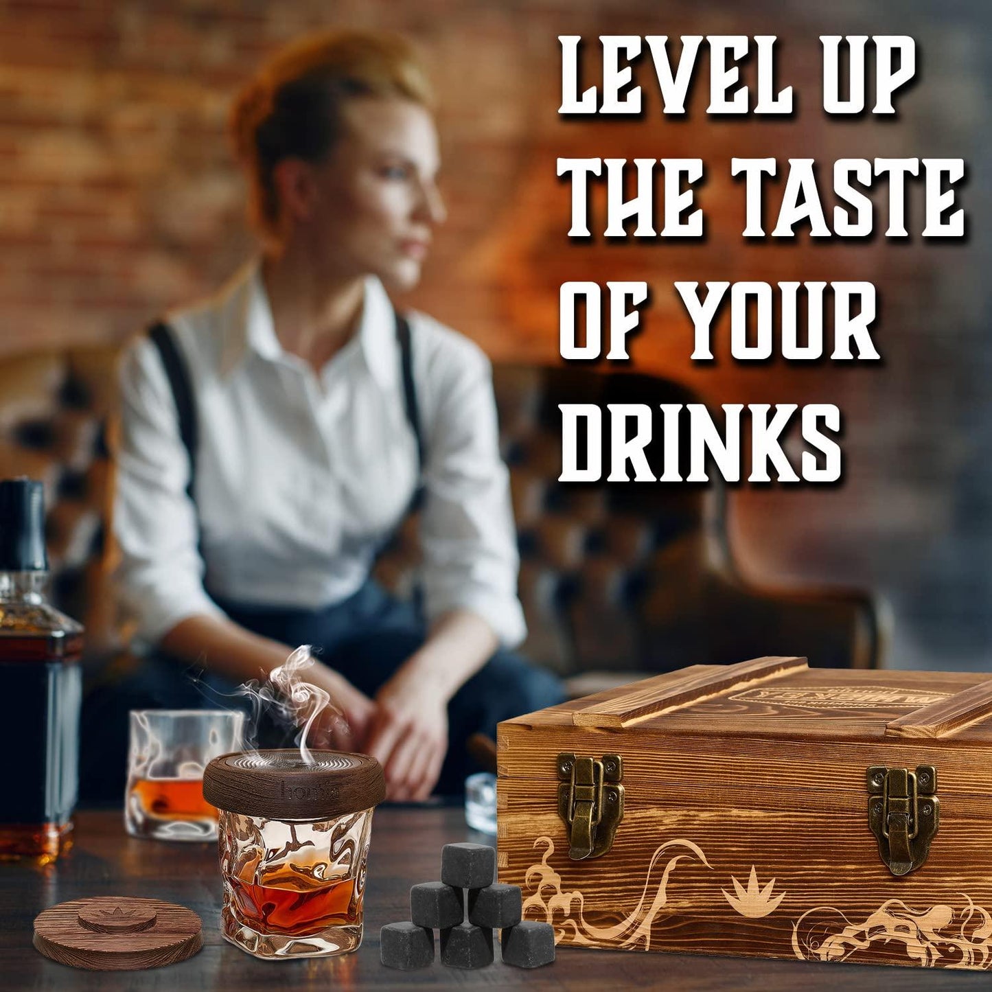Whiskey Gift Set 13 pcs Wooden Smoker Old Fashioned Glasses 2 pcs