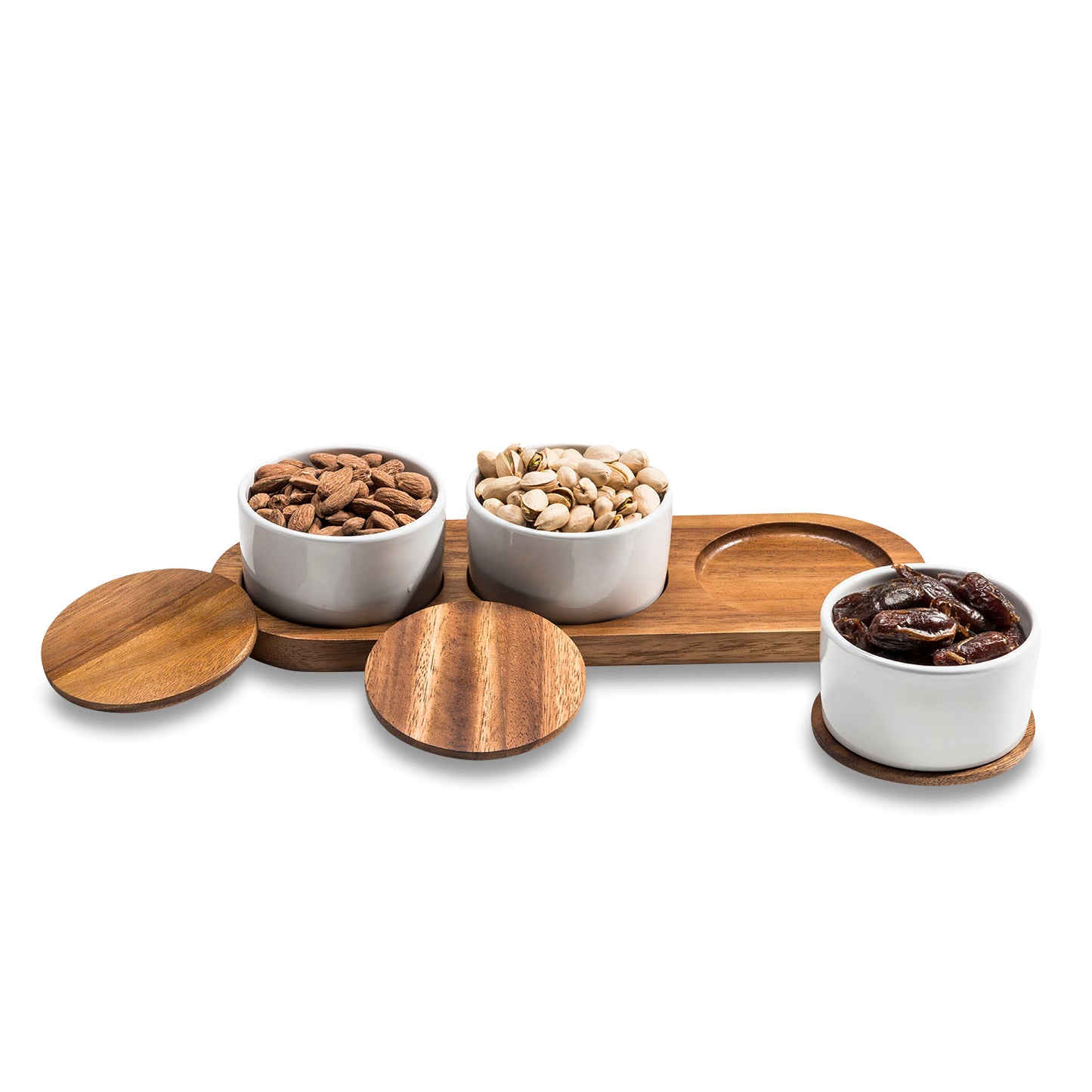 Ceramic Condiment Set on Acacia Wood Base 13" x 3.75"