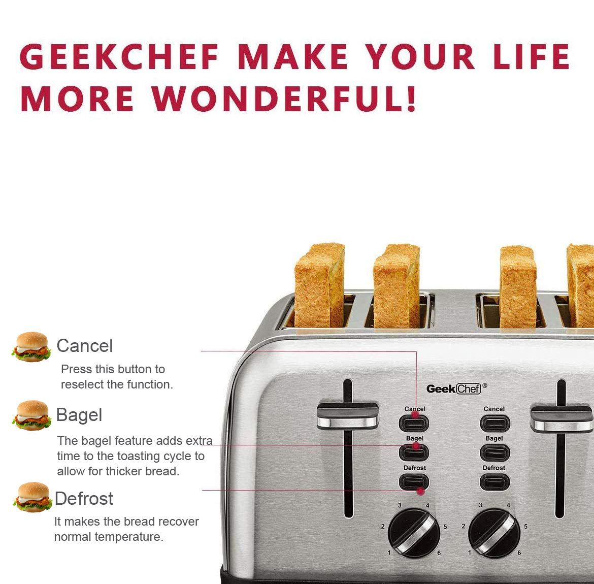 Geek Chef 4 Slice Toaster Stainless Steel Extra-Wide Slot Toaster