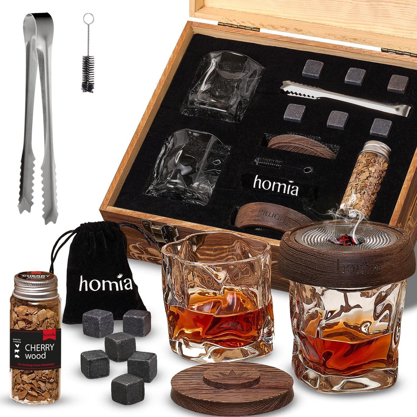 Whiskey Gift Set 13 pcs Wooden Smoker Old Fashioned Glasses 2 pcs