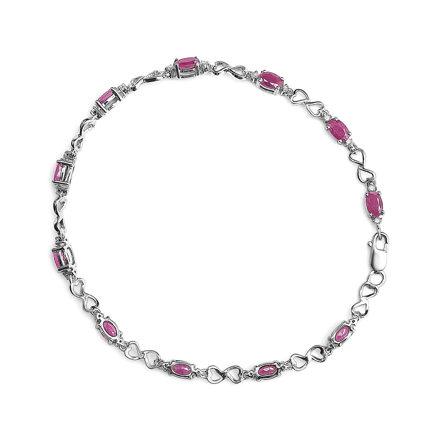 .925 Sterling Silver Pink Oval Shaped Ruby and 1/4 Cttw Diamond 7.25" Link Bracelet (I-J Color, I2-I3 Clarity)