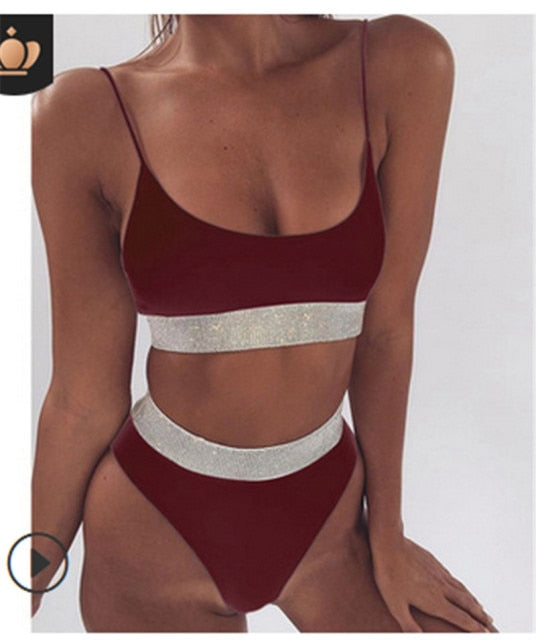 Two-Pieces Sexy Women Sequined Crystal Bikini Set Ladies Rhinestone