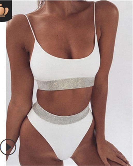 Two-Pieces Sexy Women Sequined Crystal Bikini Set Ladies Rhinestone