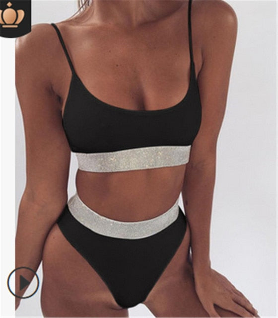 Two-Pieces Sexy Women Sequined Crystal Bikini Set Ladies Rhinestone