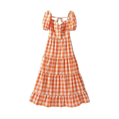 Orange Plaid Long Maxi Dress