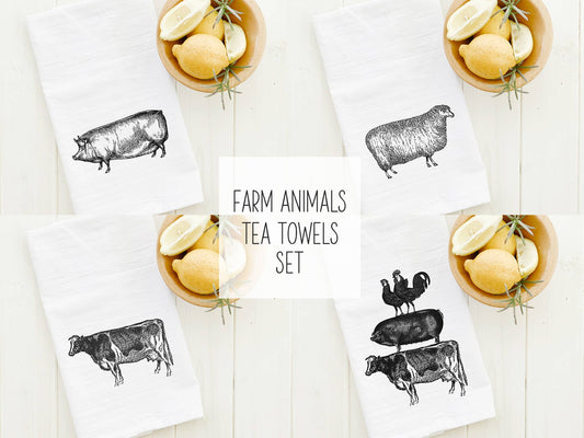 Assorted Farm Animals Set of 4 - Cotton Tea Towels