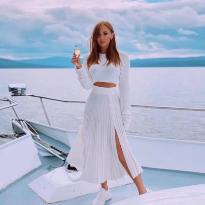 Chic Pullover - Knitted Pleated Skirt Suit High Slit Long Sleeve