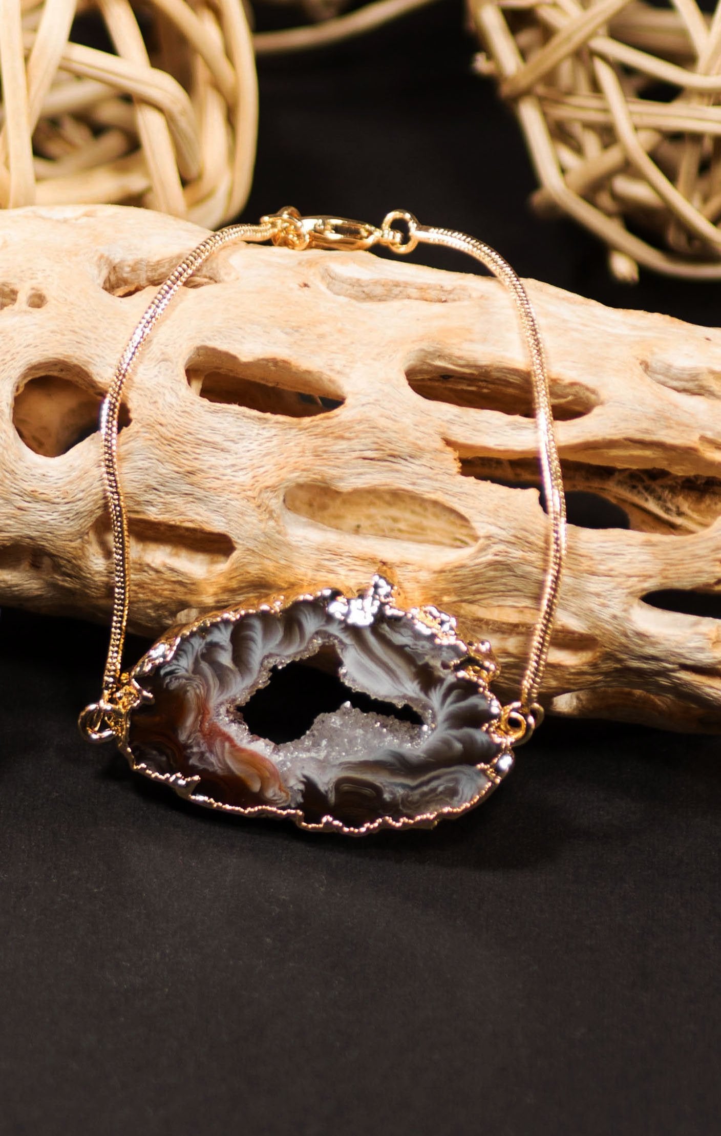 Agate Geode Bracelet with Gold or Silver Trim