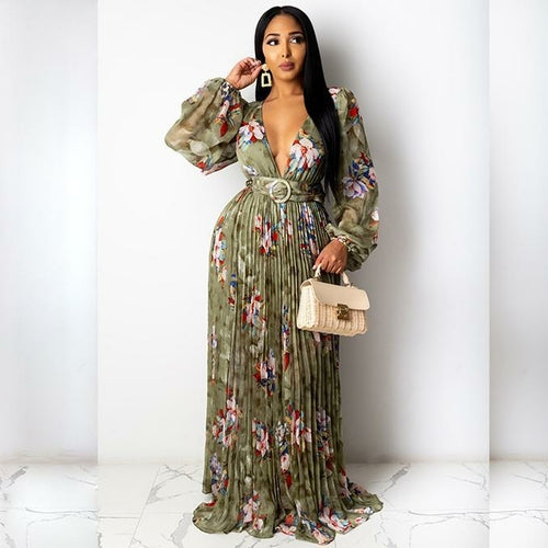 Chiffon Floral Print Pleated Floor Length Maxi Dress