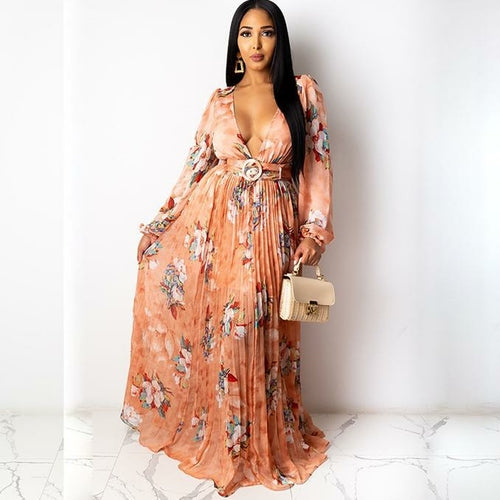 Chiffon Floral Print Pleated Floor Length Maxi Dress