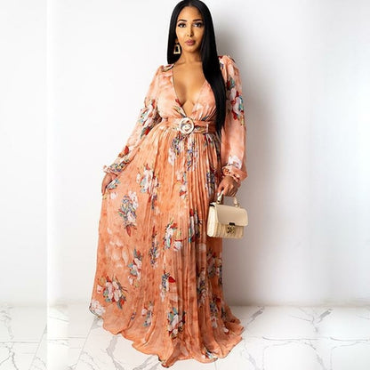 Chiffon Floral Print Pleated Floor Length Maxi Dress