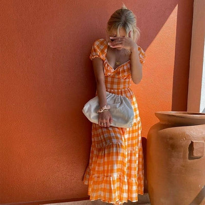 Orange Plaid Long Maxi Dress