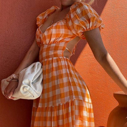 Orange Plaid Long Maxi Dress