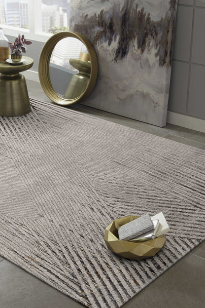 6inches x 9inches Ivory or Grey Faded Geometric Lines Indoor Area Rug