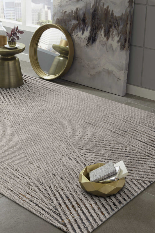 6inches x 9inches Ivory or Grey Faded Geometric Lines Indoor Area Rug
