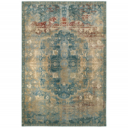 8inches x 11inches Sand and Blue Distressed  Indoor Area Rug
