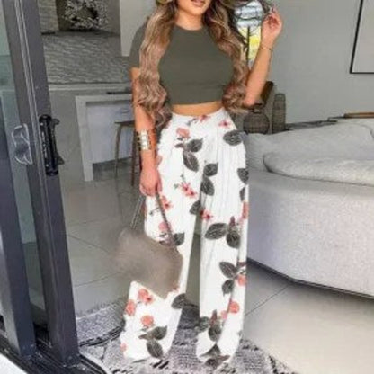 Two Piece Sets Elegant Print Short Sleeve Shirt Pullover + Wide Leg