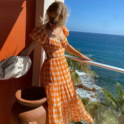 Orange Plaid Long Maxi Dress